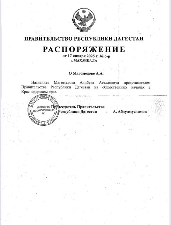 Алибек Магомедов назначен представителем правительства Дагестана в Краснодарском крае